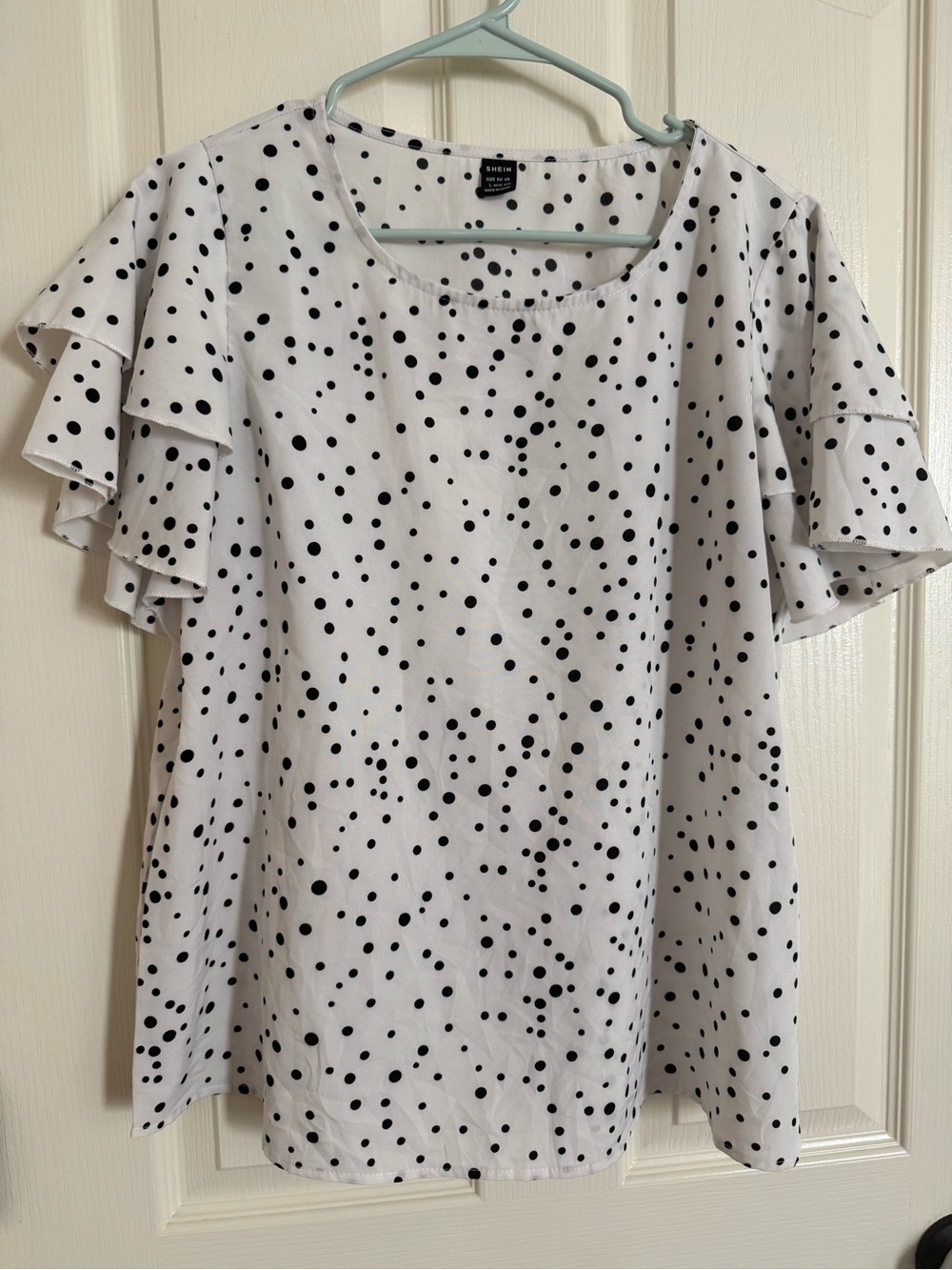 SHEIN White Blouse with Black Polka Dots and Ruffle Sleeves